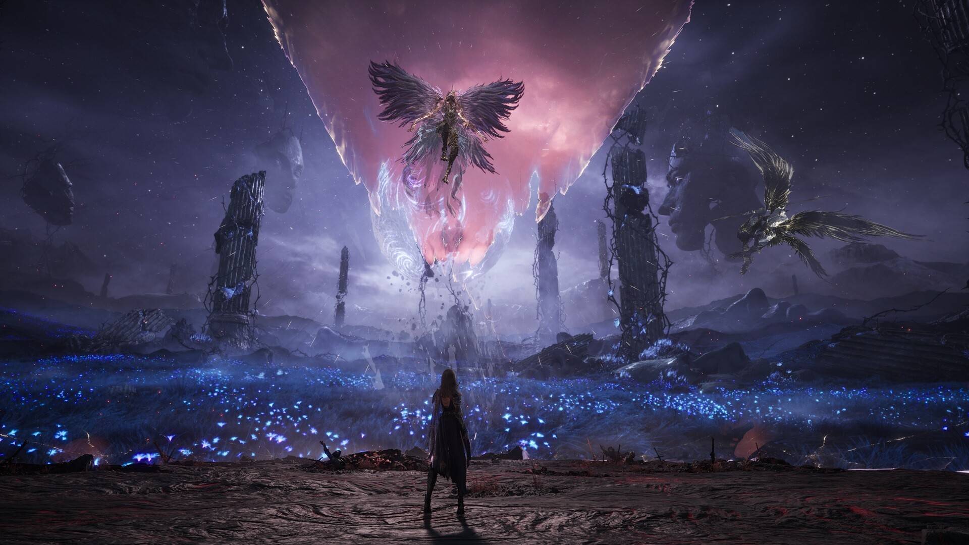 Tides of Annihilation zeigt Gwendolyn vor einer apokalyptischen Fantasy-Welt mit schwebendem Engelswesen und leuchtender Landschaft