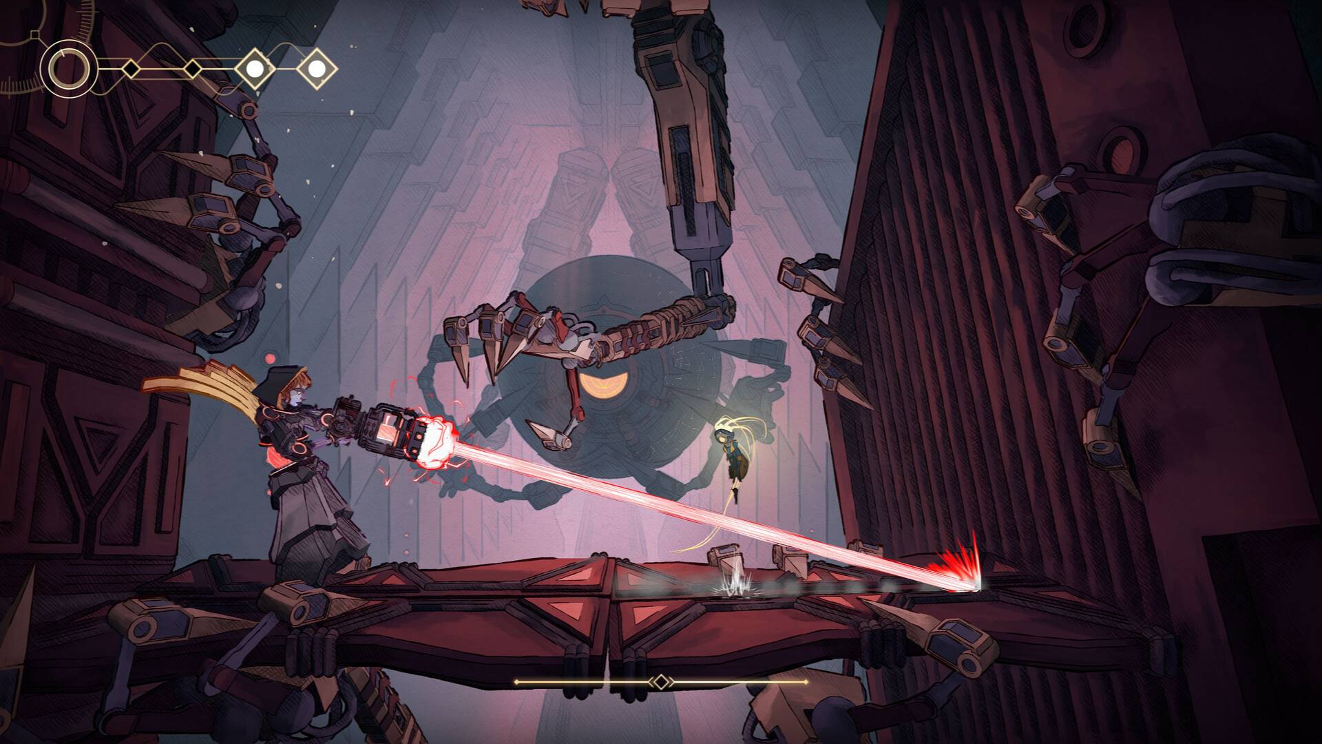 Bosskampf in MIO: Memories in Orbit mit handgezeichnetem Sci-Fi-Stil und präzisem Metroidvania-Gameplay