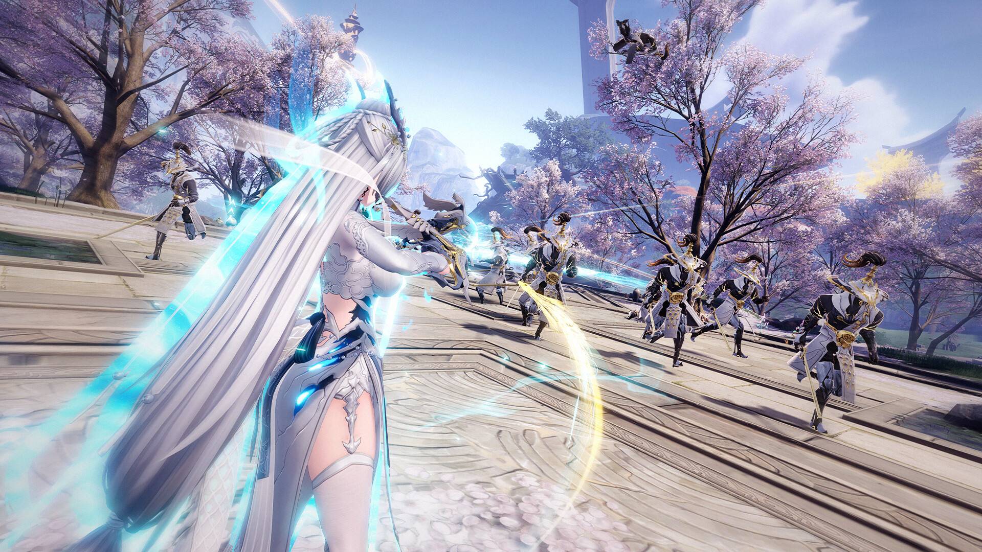 Kampfszene aus Duet Night Abyss mit einer spielbaren Figur, die in einer Fantasy-Umgebung gegen mehrere Gegner kämpft