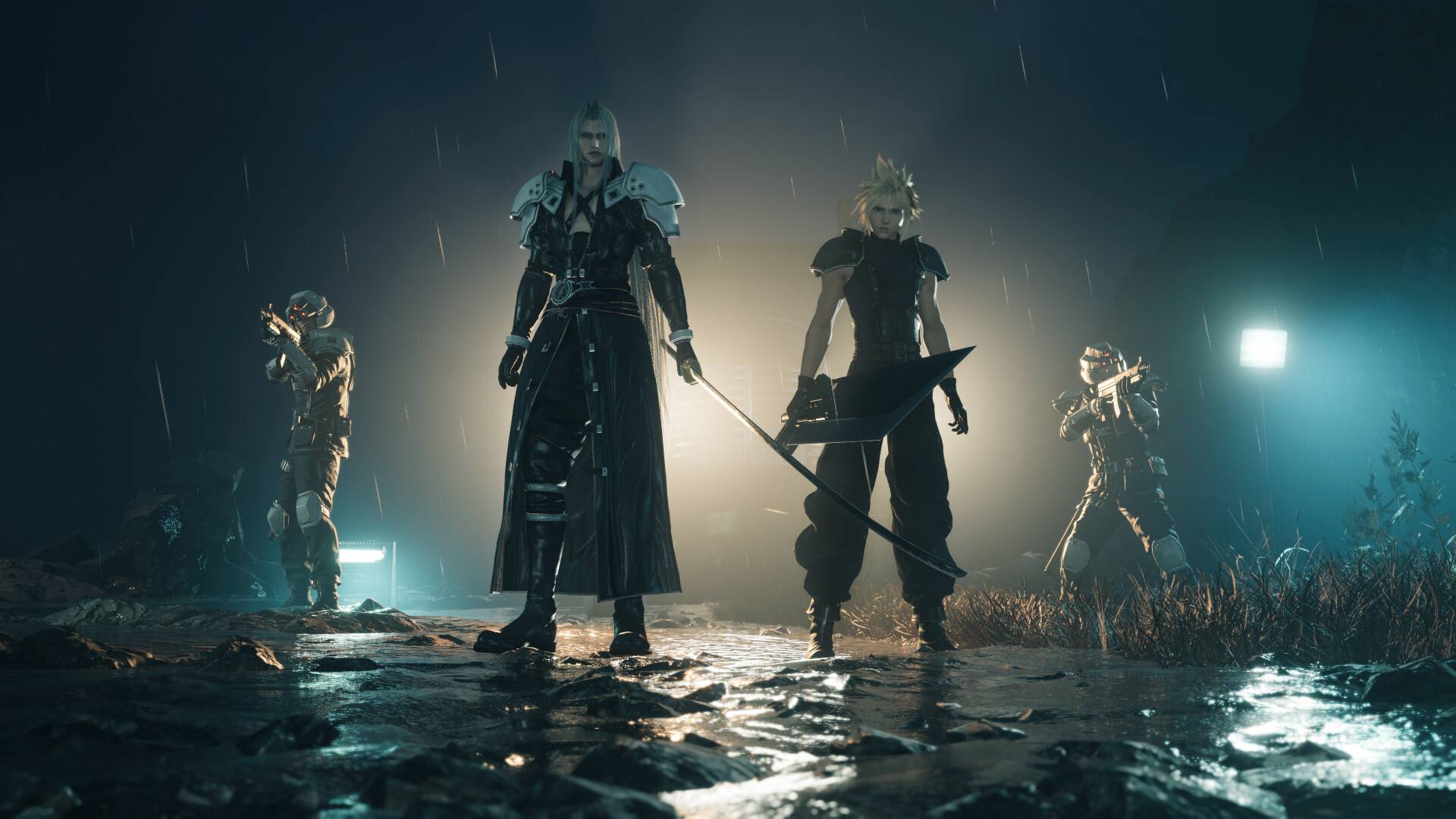 Cloud Strife und Sephiroth stehen sich in einer nächtlichen Szene aus Final Fantasy VII Rebirth gegenüber, während im Hintergrund bewaffnete Soldaten zu sehen sind.