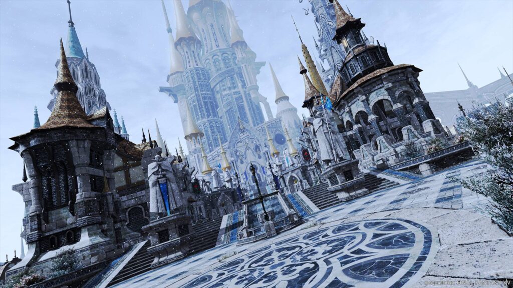 Verschneite Stadt in Final Fantasy XIV mit hohen Türmen und einer winterlichen Fantasy-Umgebung