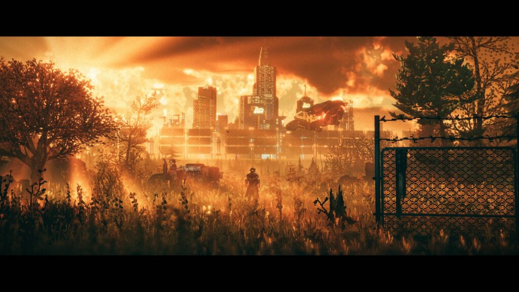 Pixel-Art-Cyberpunk-Szene aus REPLACED: Eine Figur steht in einem überwucherten Feld vor einer futuristischen Stadt, Sonnenlicht und fliegende Maschine im Hintergrund.