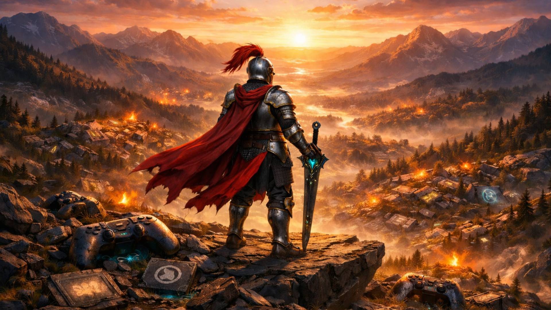 Quest-Knight als Symbolbild für die Spieleindustrie vor einer zerfallenden Fantasy-Welt im Abendlicht