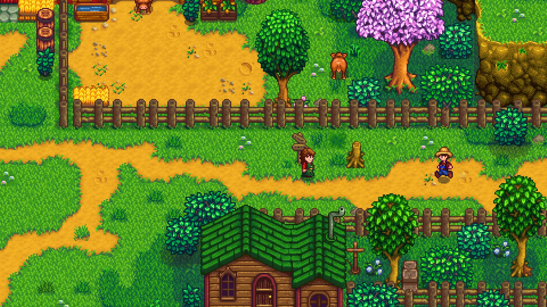 Idyllische Gameplay-Szene aus Stardew Valley, die den ruhigen Cozy-Charakter des Spiels zeigt.