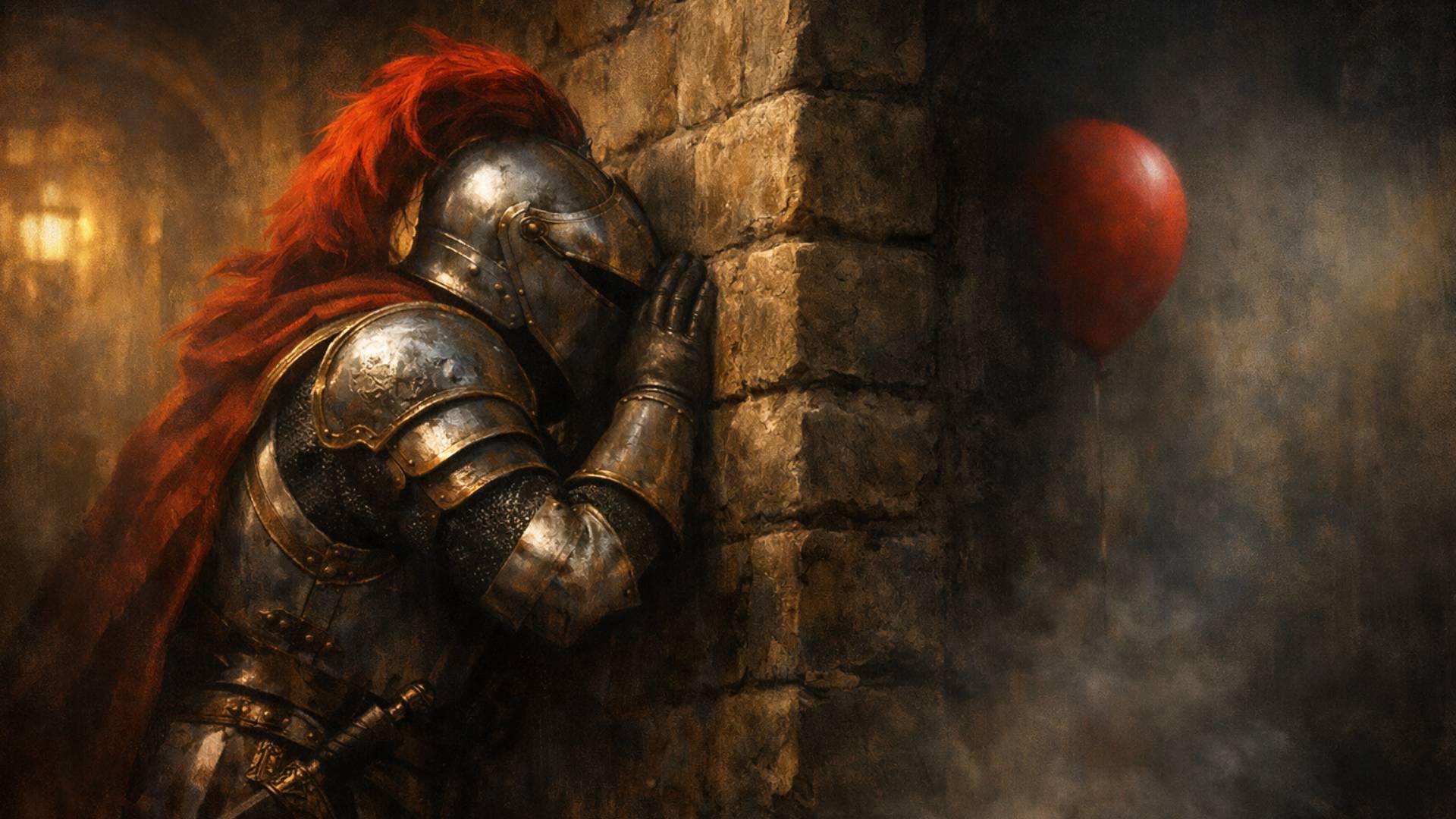 Gepanzerter Ritter lehnt mit dem Ohr an einer Steinwand, im Hintergrund schwebt ein roter Ballon im Nebel.