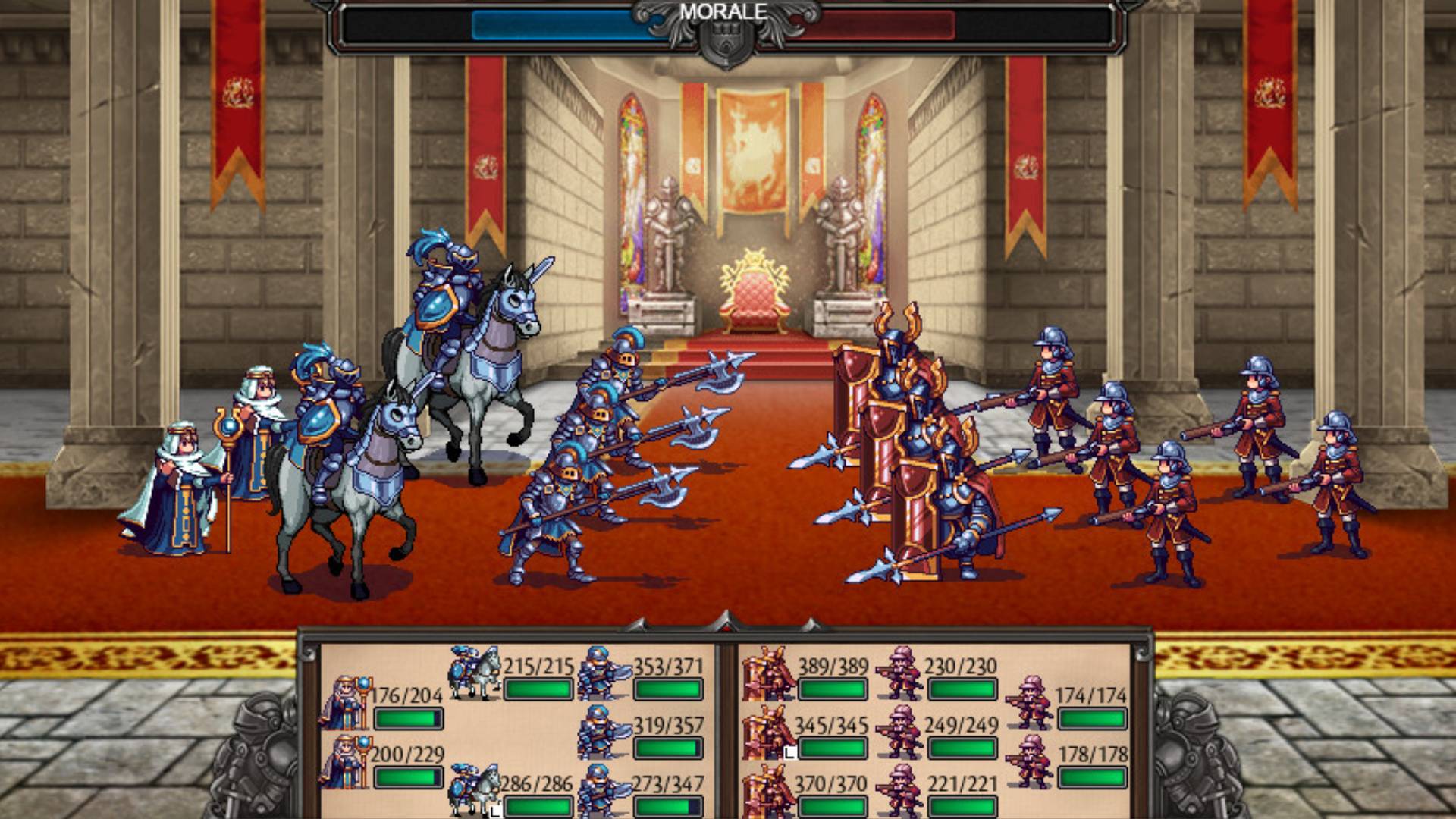 Kampfszene aus Symphony of War: The Nephilim Saga mit rundenbasierter Taktik, Truppformationen und Moral-Anzeige