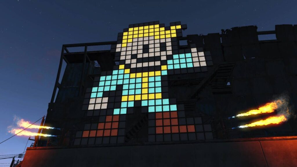 Vault-Boy-Pixelart aus Fallout 4 auf einem Gebäude in der Nacht