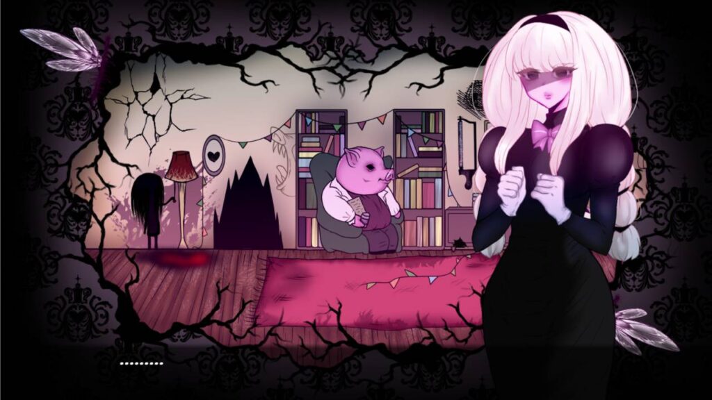 Screenshot aus Lost in the Woods: Frau in schwarzem Kleid in surrealem Raum mit Schwein-Figur auf Sessel