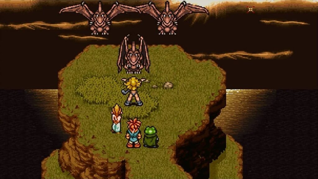 Szene aus Chrono Trigger: Crono, Marle und Frog stehen auf einer Klippe und bereiten sich auf einen Kampf gegen fliegende Dinosaurier-Feinde vor