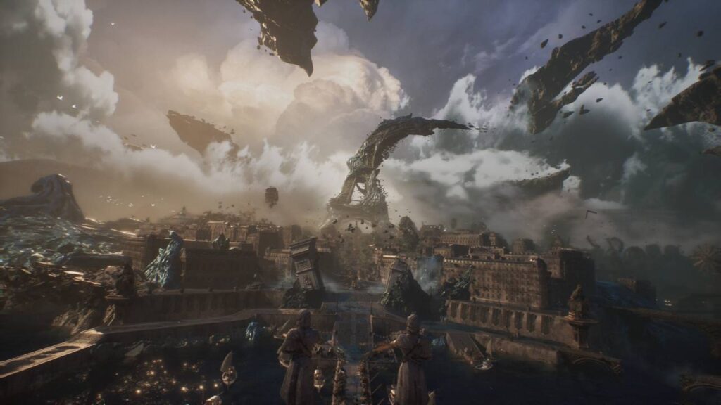 Zerstörte Stadtlandschaft in Clair Obscur: Expedition 33 mit surrealen Himmelsformationen