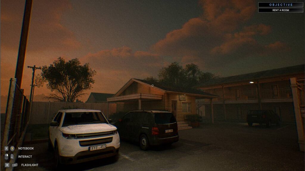 Screenshot aus Detective – Rainy Night: Motel mit Autos bei Abendstimmung. Gehört zu den derzeitigen Steam-Geheimtipps