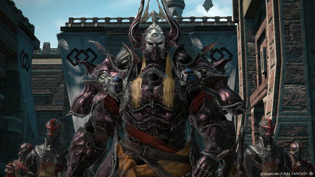 Bossgegner in Final Fantasy XIV vor einer befestigten Fantasy-Stadt