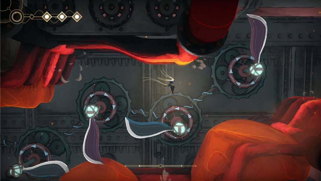 Erkundung eines mechanischen Areals in MIO: Memories in Orbit mit flüssiger Bewegung und handgezeichnetem Sci-Fi-Stil