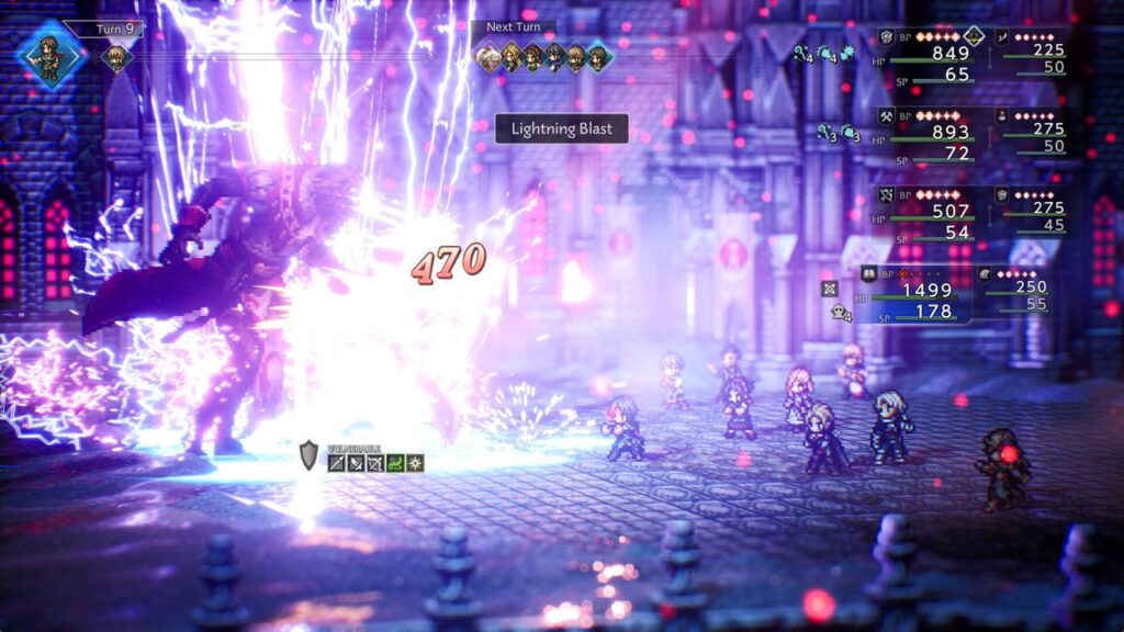 Octopath Traveler 0 Gameplay: JRPG-Party nutzt Lightning Blast gegen Boss im rundenbasierten Kampfsystem