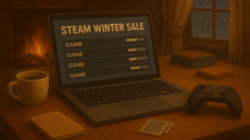 Symbolbild: Laptop auf einem Holztisch mit einer abstrahierten Angebotsliste, warmes Kaminlicht im Hintergrund und winterliche Atmosphäre vor dem Fenster – passend zum Steam Winter Sale.