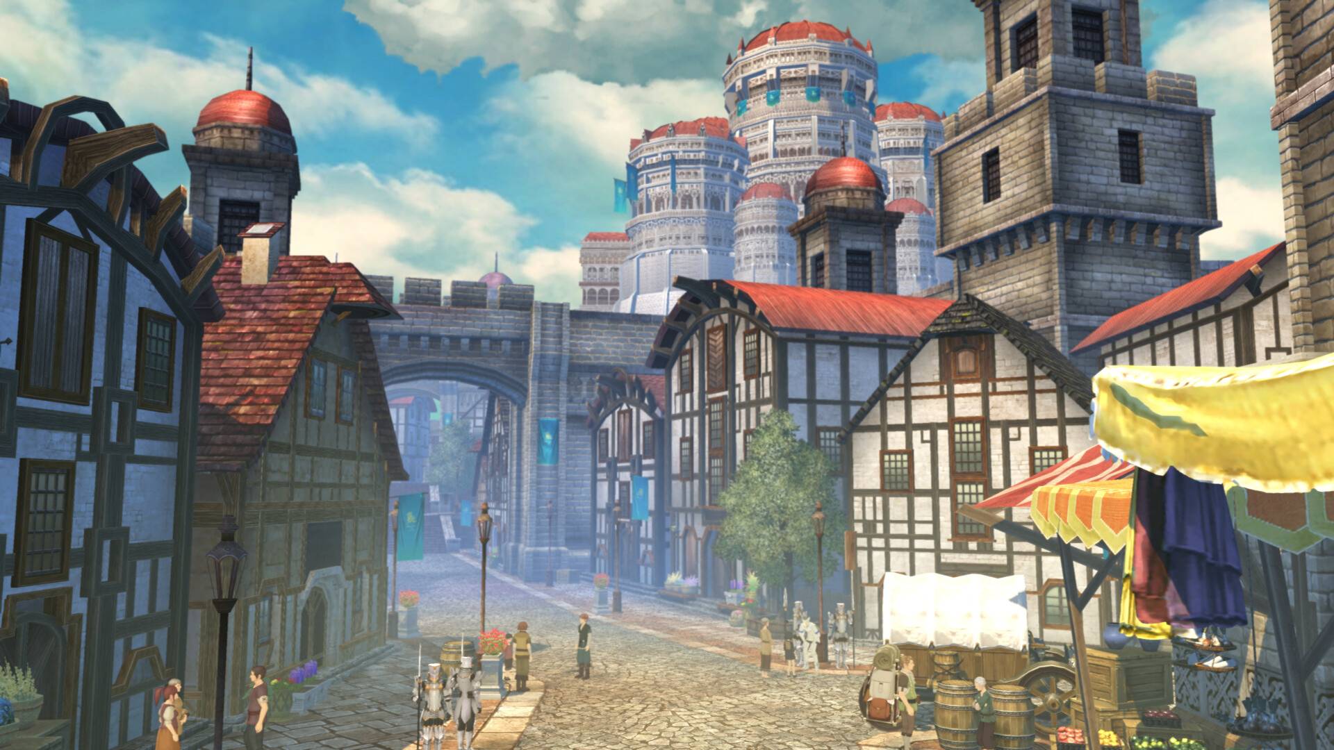 Stadtansicht aus Tales of Berseria Remastered mit mittelalterlicher Architektur und Burg im Hintergrund