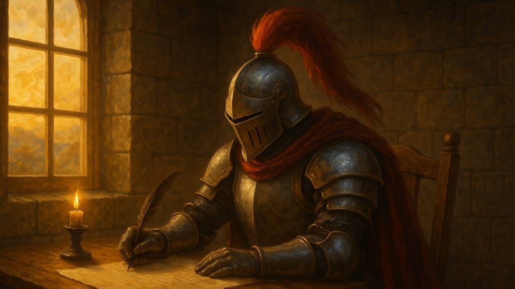 Ein Ritter in silberner Rüstung mit rotem Helmbusch sitzt an einem Holztisch und bloggt mit einer Feder im Kerzenschein. Bloggen ist hier das symbolische Thema. 