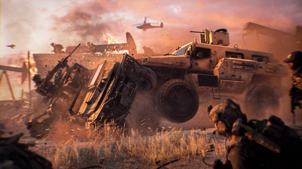 Battlefield 6 zeigt ein explosives Gefecht mit Militärfahrzeugen, Soldaten und Luftunterstützung