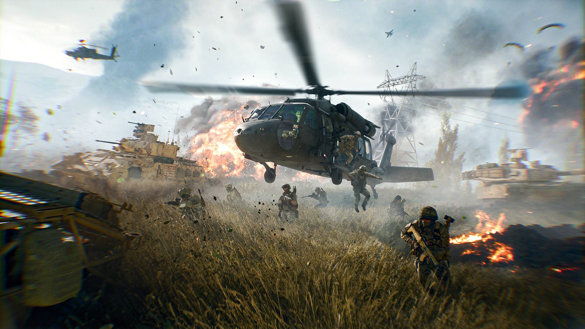 Gefechtszene mit Helikopter und Bodentruppen in Battlefield 6