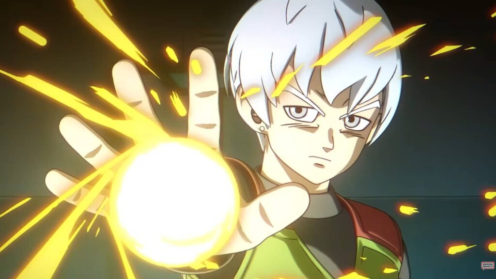 Charakter aus Dragon Ball: Age 1000 mit weißem Haar, der eine leuchtende Energiekugel in der Hand formt.