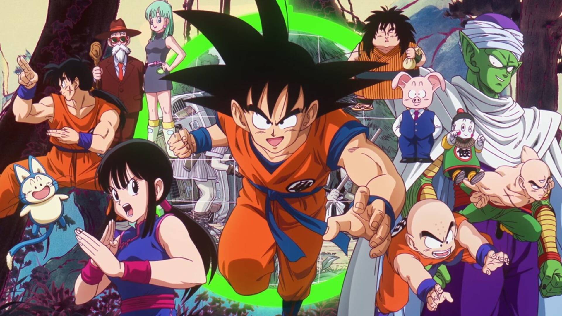 Zentrale Dragon-Ball-Charaktere wie Son Goku, Piccolo und Krillin in einem offiziellen Artwork zur Spiele- und Serienwelt.