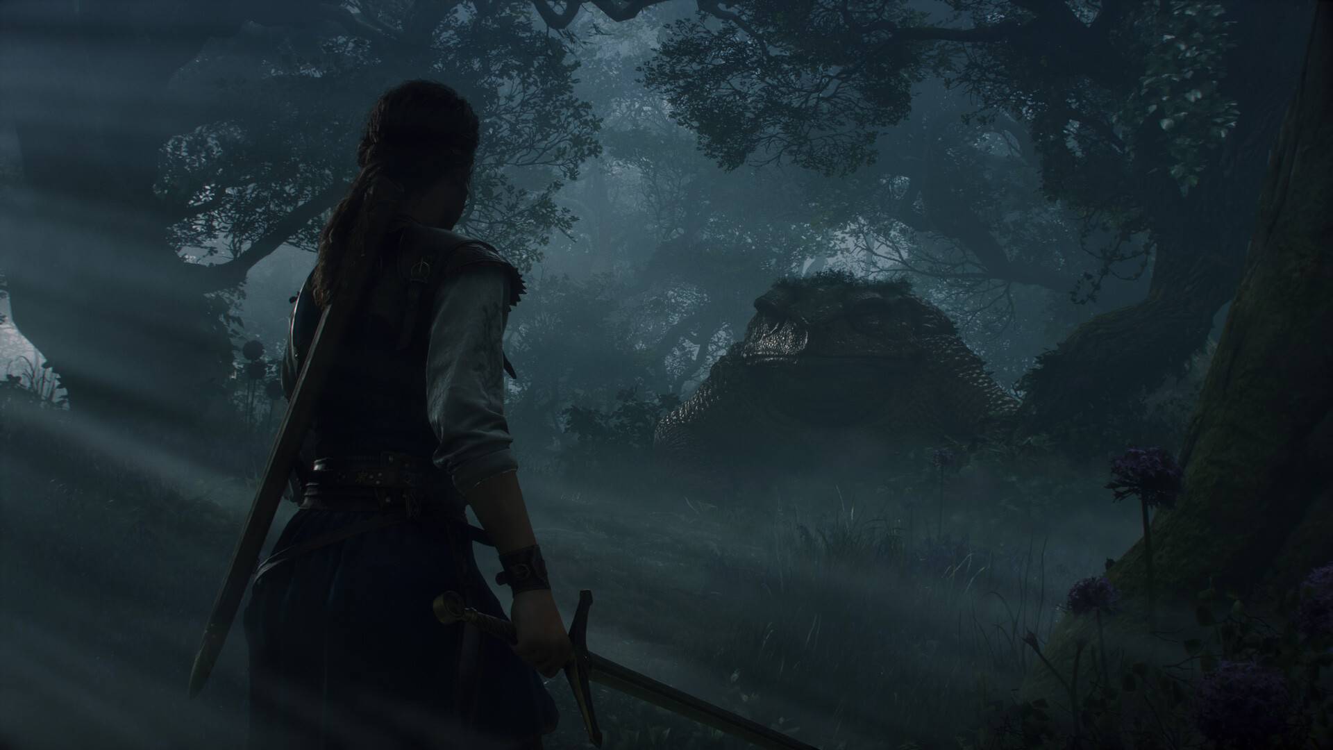 Fable Reboot: Heldin steht in einem düsteren Wald vor einer riesigen Kreatur