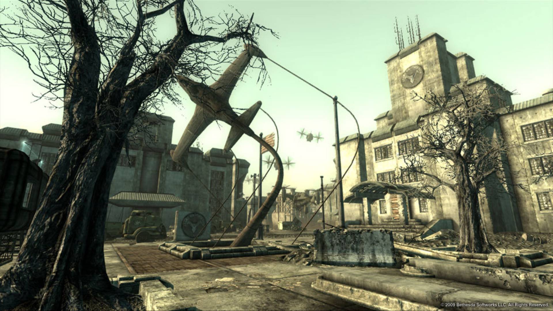 Zerstörte Stadt mit Denkmal im postapokalyptischen Ödland von Fallout 3