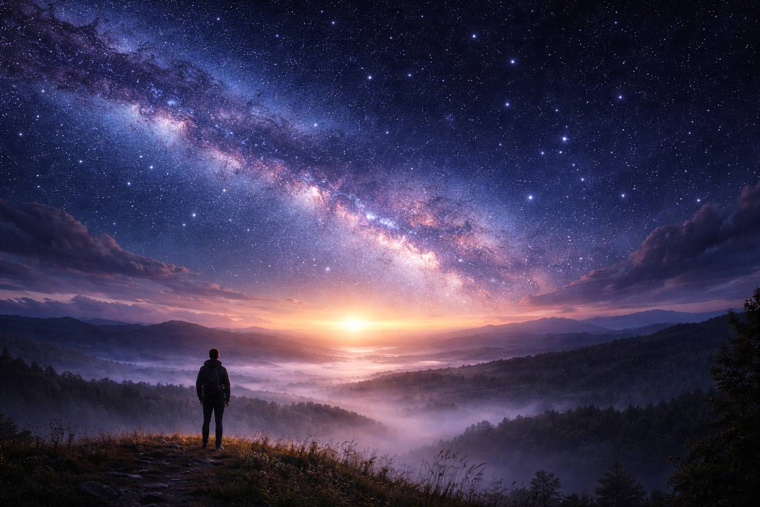 Sternenhimmel über einem nebligen Horizont mit Sonnenaufgang als Symbol für Hoffnung, Abschied und neue Geschichten – inspiriert von Hideo Kojimas Gedanken zum Stranger-Things-Finale