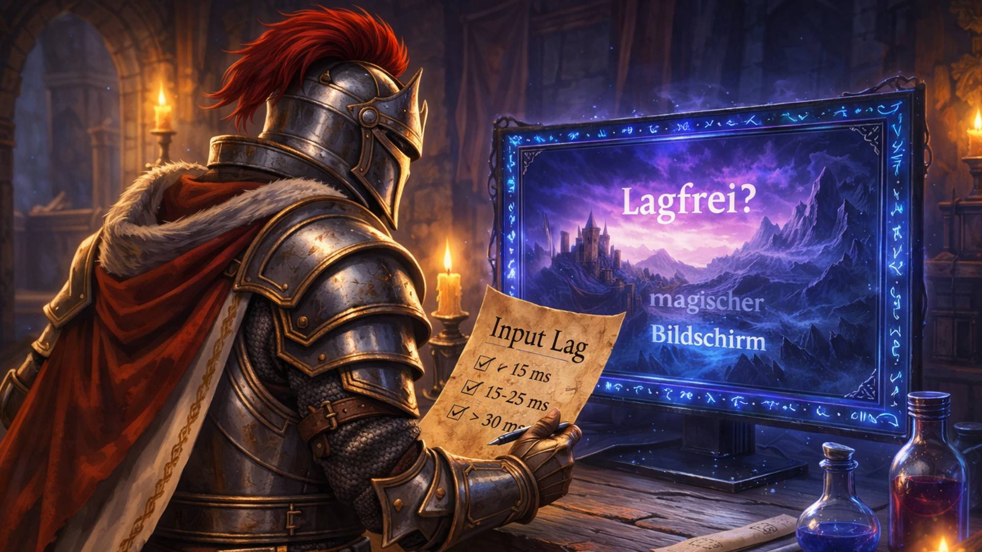 Der Quest-Knight prüft einen „magischen Bildschirm“ mit einer Checkliste für Input Lag.