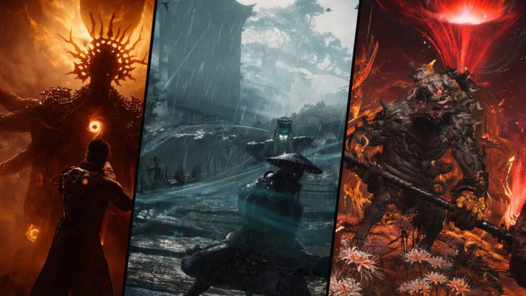 Collage aus Spielszenen von SAROS, Phantom Blade Zero und Nioh 3 als visuelle Vorschau auf die PS5-Exklusivliste 2026