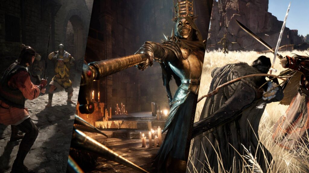 Collage mit drei Kampfszenen aus kommenden RPGs 2026, die mittelalterliche Fantasy, düstere Dark-Fantasy und actionreiche Schwertduelle zeigen