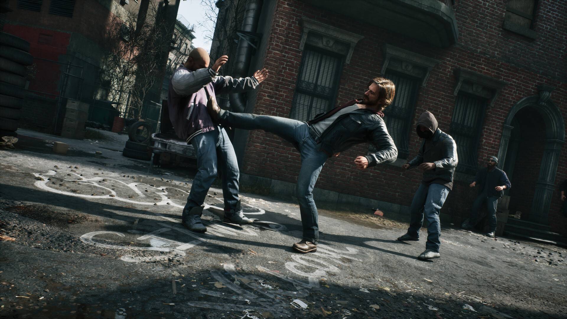 Kampfszene aus Samson: A Tyndalston Story, in der der Protagonist auf offener Straße von mehreren Gegnern angegriffen wird.