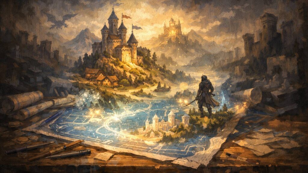 Symbolische Illustration einer Spielwelt, die aus einem leuchtenden Bauplan entsteht und für kreative Identität und handwerkliches Spieldesign steht.