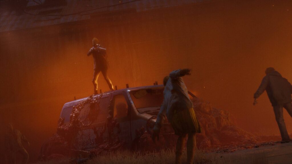 Atmosphärische Szene aus State of Decay 3 zeigt Überlebende im Kampf gegen Zombies in einer düsteren, rot erleuchteten Umgebung.