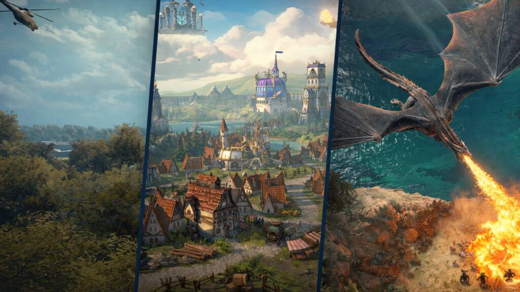 Collage aus Systemic War, Heroes of Might and Magic: Olden Era und Game of Thrones: War for Westeros – moderne Kriegsführung, klassische Fantasy und epische Echtzeitstrategie