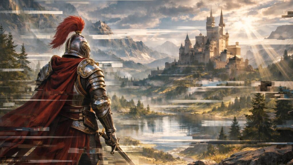 Quest-Knight in silberner Rüstung mit rotem Helmbusch blickt auf eine stotternde Fantasy-Welt mit Burg, deren Landschaft durch visuelle Glitch-Effekte verzerrt wirkt