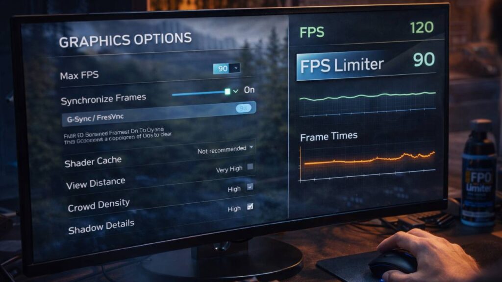 Grafikeinstellungen mit aktiviertem FPS-Limiter und Frame-Time-Diagramm, das zeigt, wie Stutter durch stabilere Bildausgabe reduziert wird