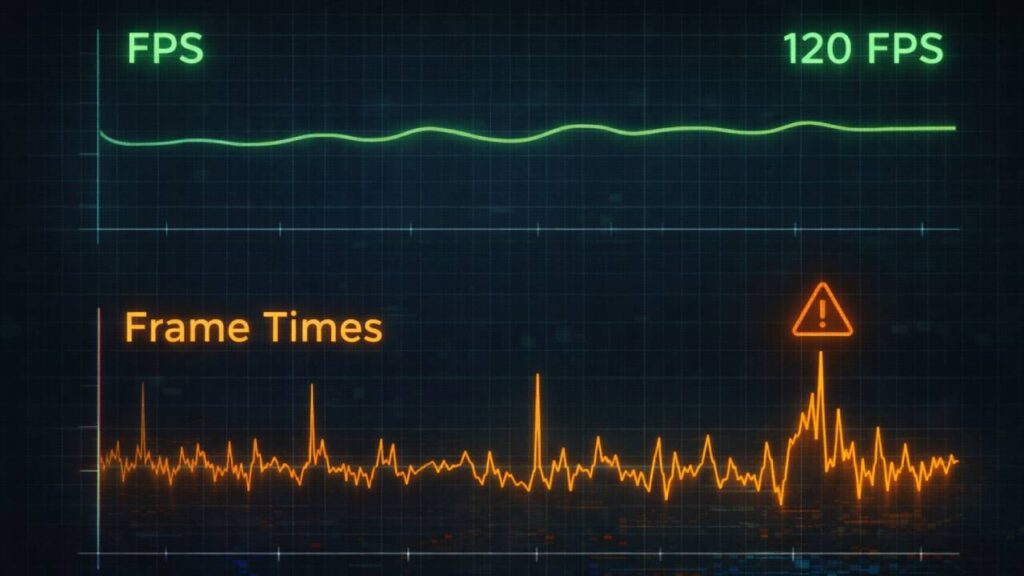Vergleich von stabilen 120 FPS und unruhigen Frame Times, der zeigt, wie Stutter trotz hoher Bildrate entsteht