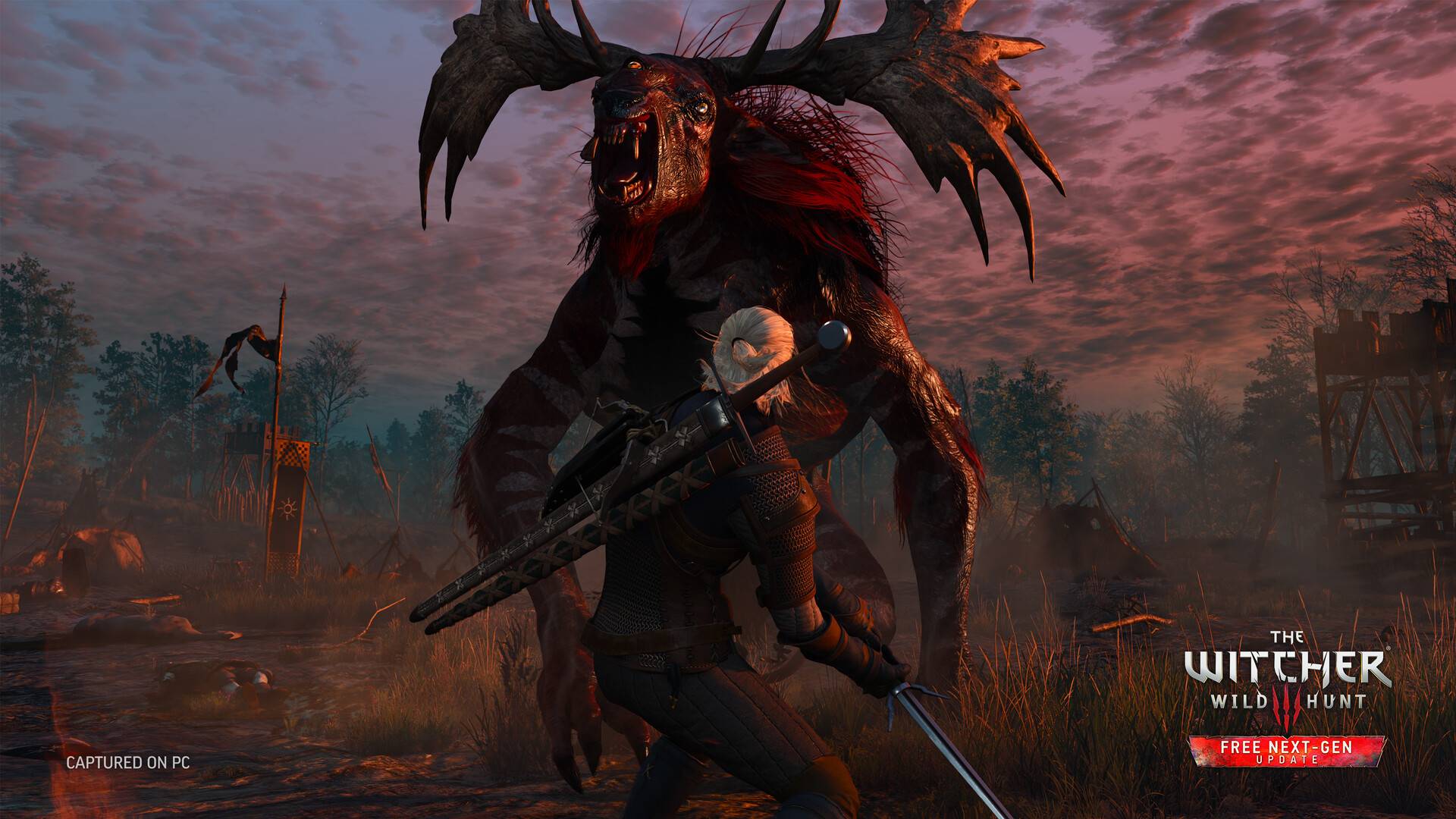 Geralt von Riva steht im Kampf gegen ein riesiges Monster in der Dämmerung – eine Szene aus The Witcher 3, die rohe Gefahr und fehlende Fehlertoleranz im Kampf zeigt.