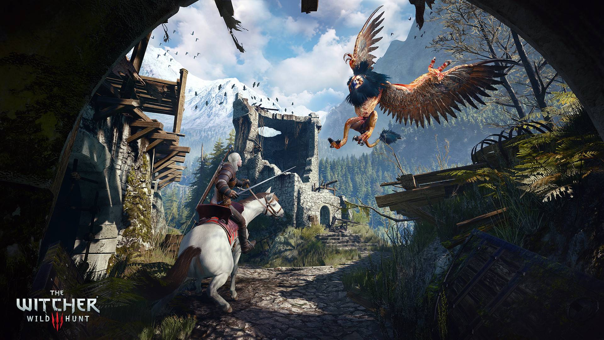 Geralt von Riva kämpft in The Witcher 3 Wild Hunt auf dem Pferd gegen einen Greif in einer zerstörten Burg in den Bergen