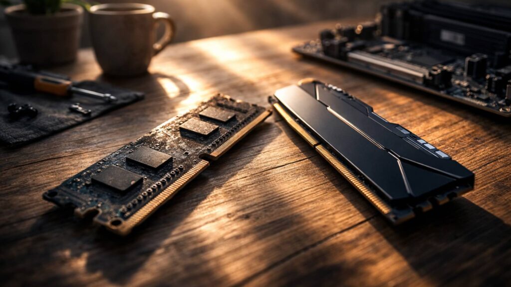 Älterer, abgenutzter Arbeitsspeicher neben einem modernen RAM-Modul auf einem Tisch, symbolisch für bewährte und neue Hardware.