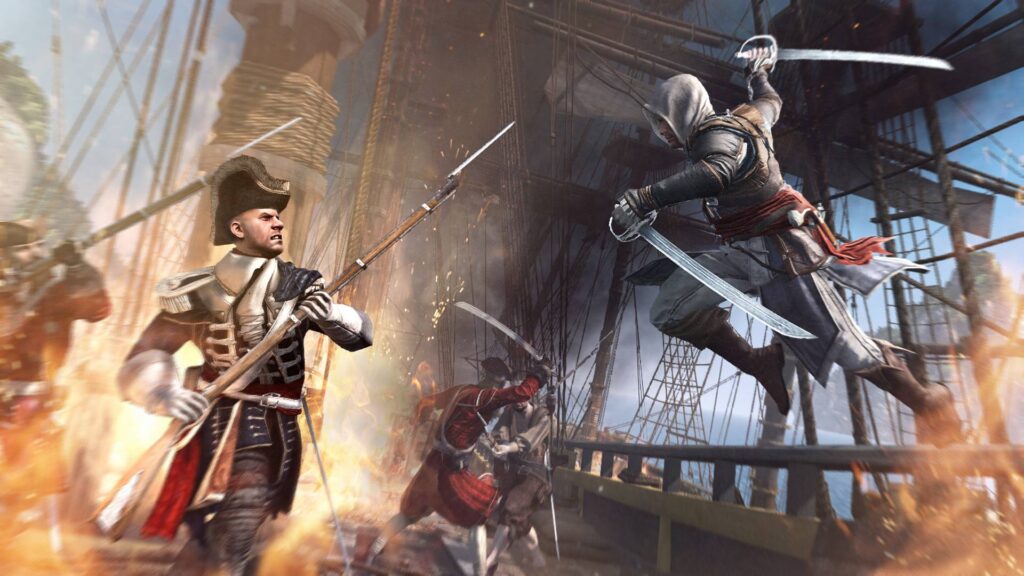 Kampf auf dem Deck eines Piratenschiffs in Assassin’s Creed Black Flag, mit Edward Kenway im Duell gegen feindliche Soldaten