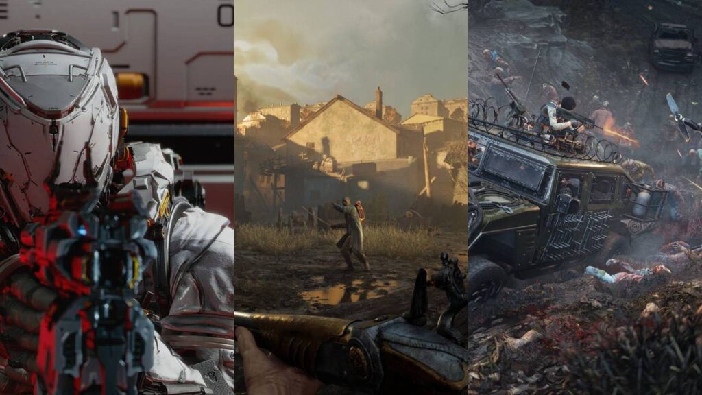 Collage aus Pragmata, Valor Mortis und John Carpenter’s Toxic Commando mit Sci-Fi-Shooter, napoleonischer Ego-Perspektive und Zombie-Gefecht