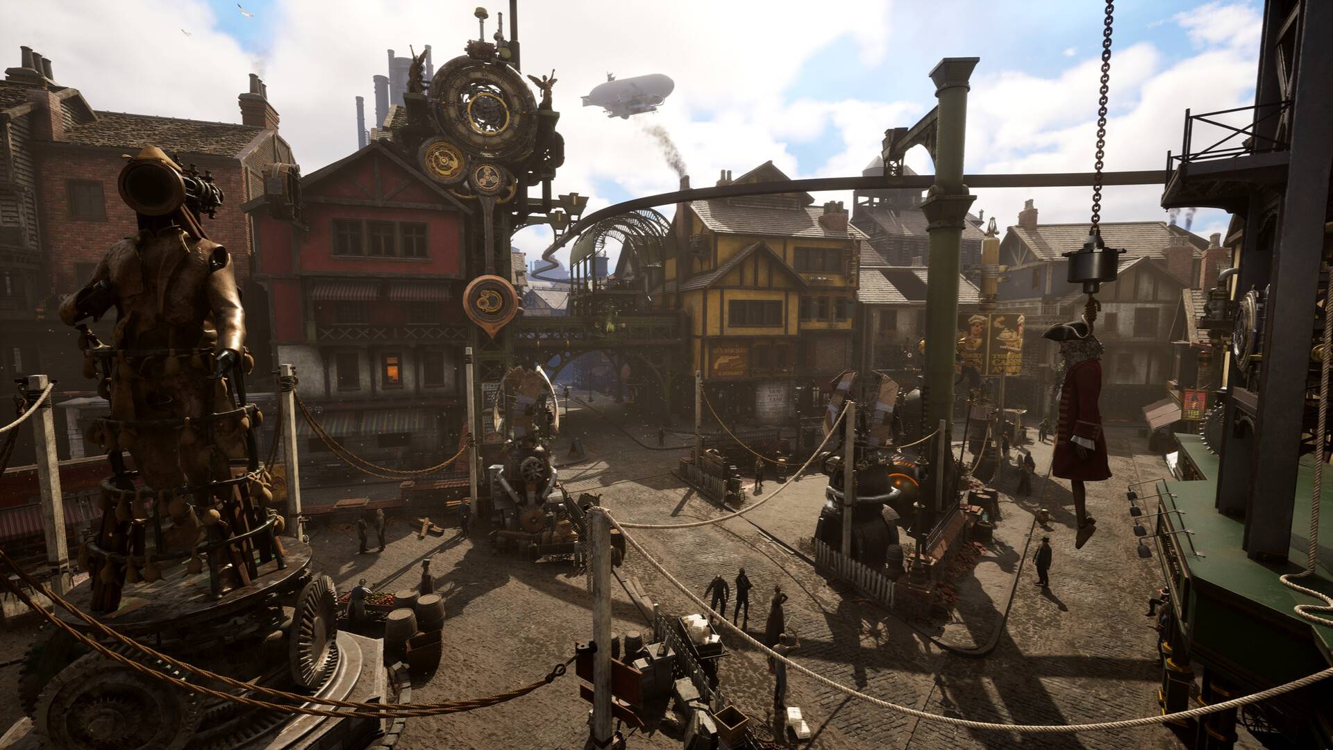 Steampunk-Stadt Avalon in Clockwork Revolution mit Zahnrädern, Maschinen und belebten Straßen, die auf Entscheidungen der Spieler reagieren.