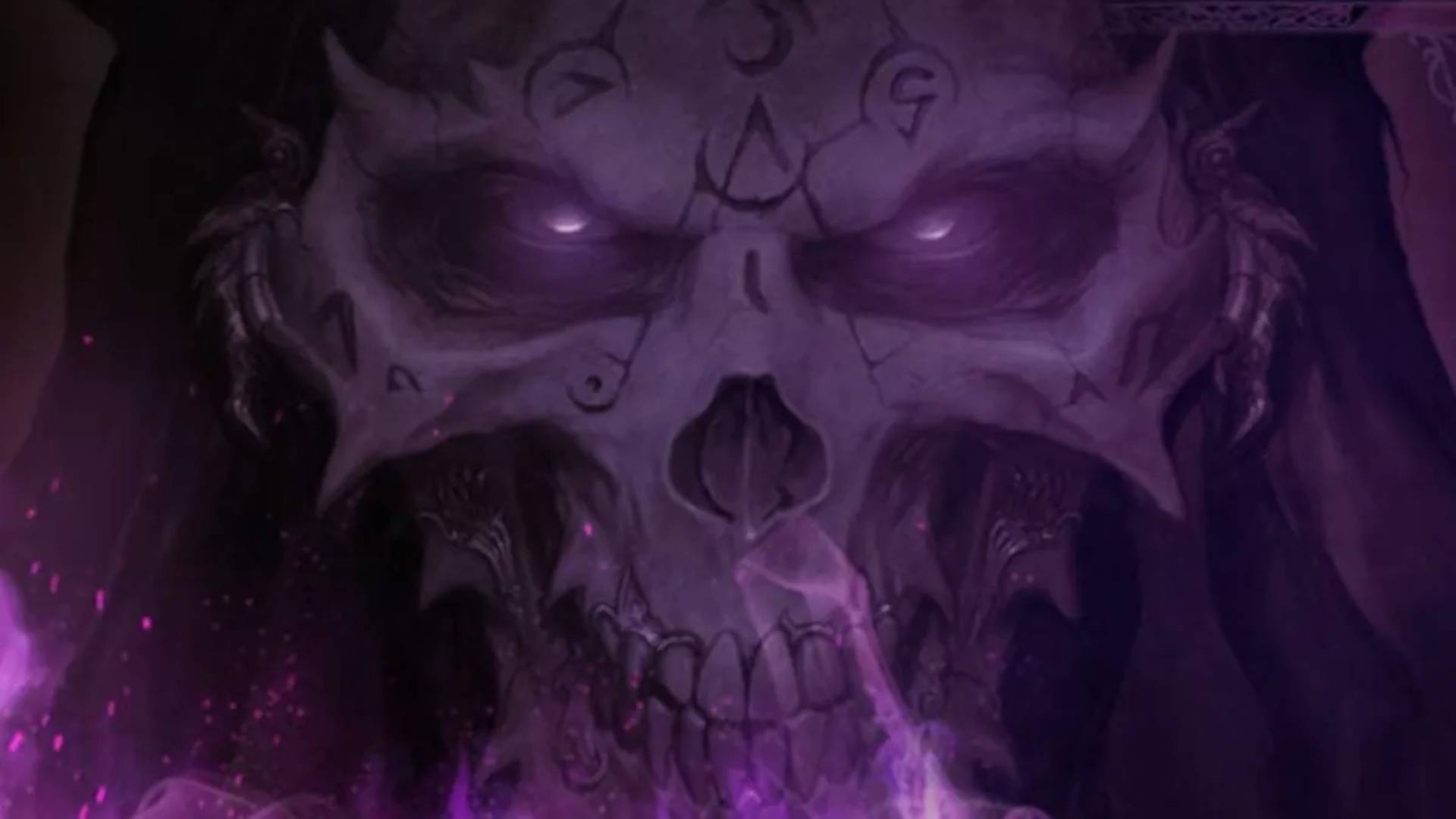 Düstere Fantasy-Darstellung aus Darkhaven mit einem geisterhaften Schädelgesicht und violett leuchtender Magie im Hintergrund