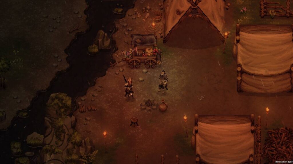 Vogelperspektive auf ein Lager in Drova – Forsaken Kin mit NPCs und rauer Atmosphäre