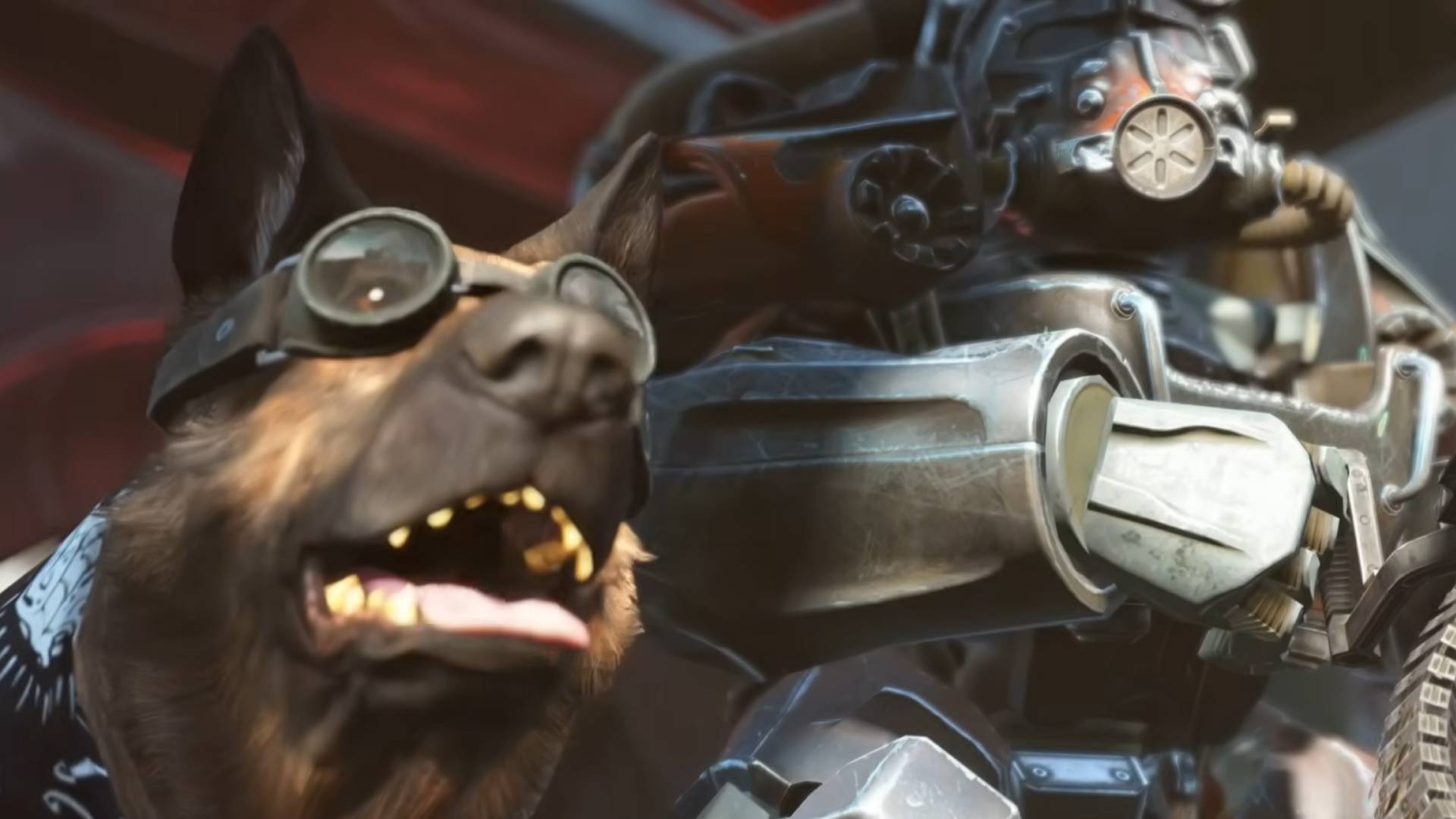 Dogmeat aus Fallout 4 trägt eine Schutzbrille und steht neben einem Charakter in Power-Rüstung