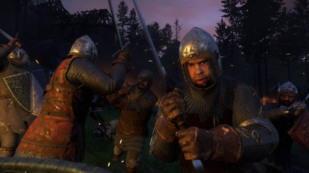 Nahkampf zwischen schwer gepanzerten Soldaten in Kingdom Come: Deliverance bei Dämmerung