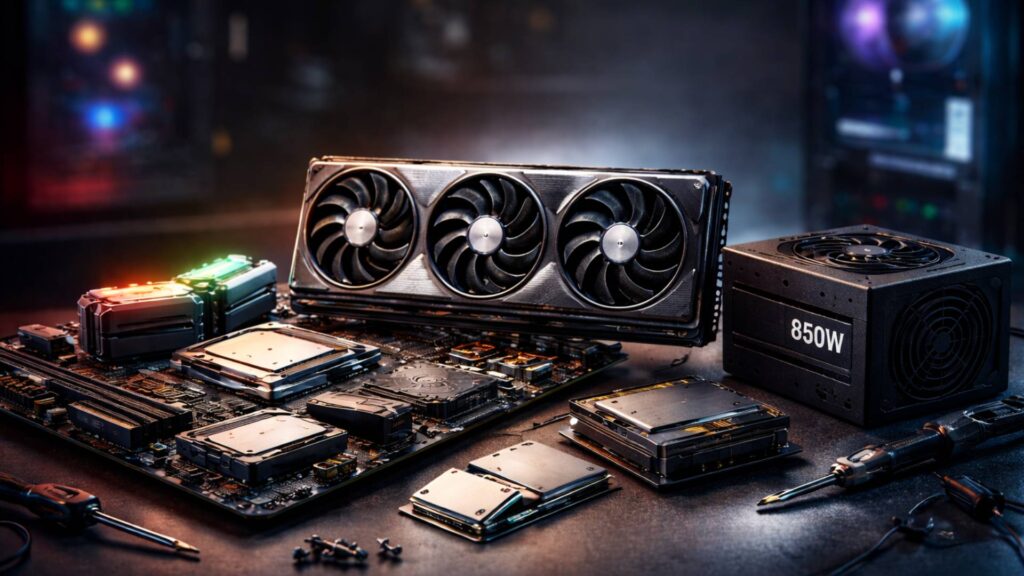 Übersichtlich angeordnete PC-Komponenten wie Grafikkarte, CPU, RAM, SSD und Netzteil auf einem Schreibtisch.