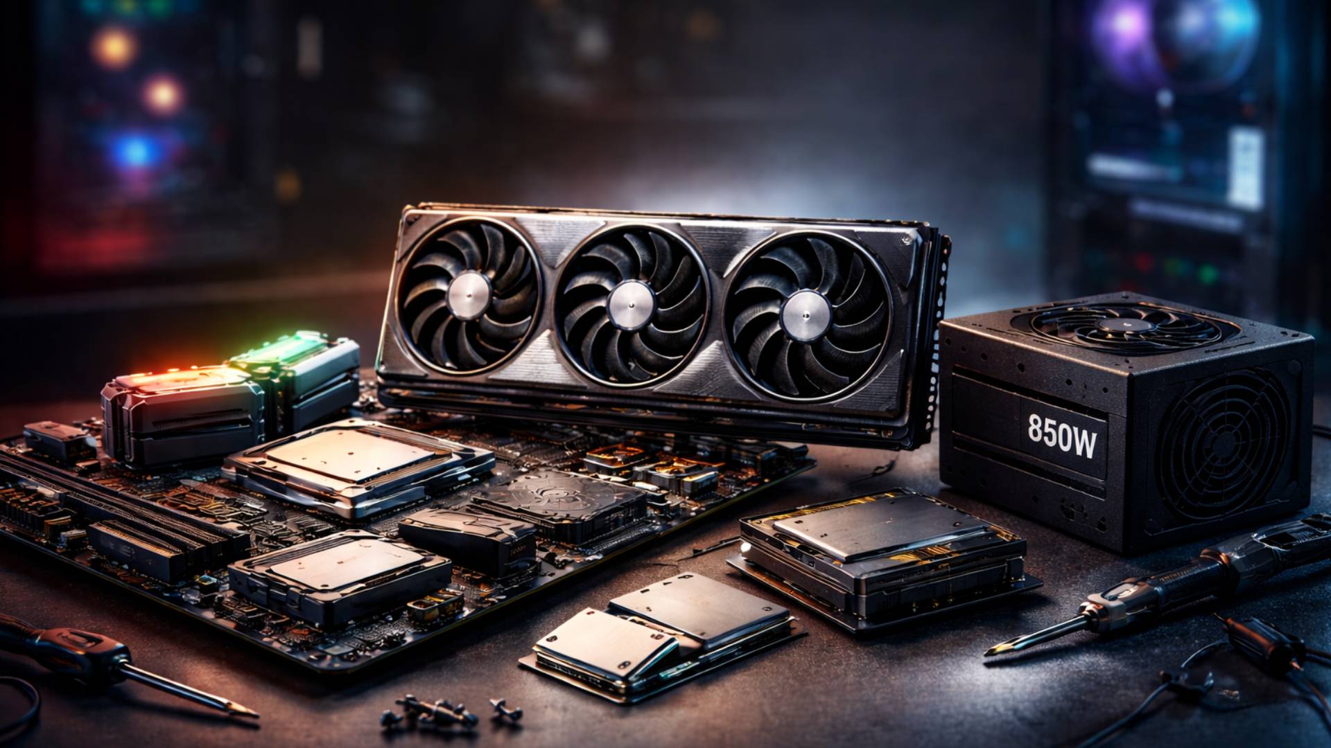 Übersichtlich angeordnete PC-Komponenten wie Grafikkarte, CPU, RAM, SSD und Netzteil auf einem Schreibtisch.